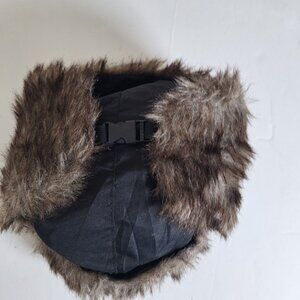 Vintage Black Nylon Trapper Hat With Faux Fur Trim & Adjustable Buckle Strap